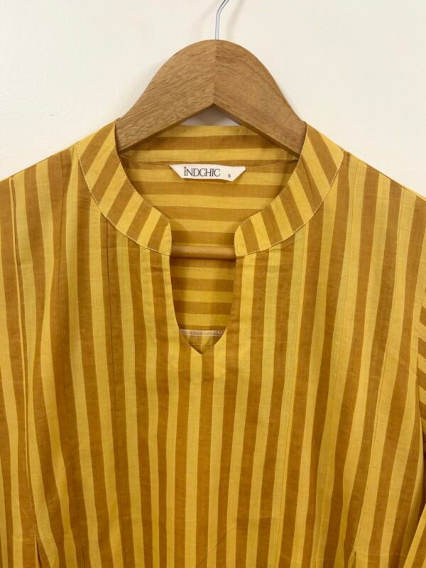 Yellow - Brown Striped Handblock Printed Dress