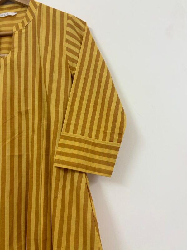 Yellow - Brown Striped Handblock Printed Dress