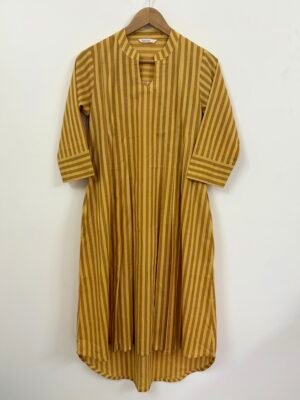Yellow - Brown Striped Handblock Printed Dress