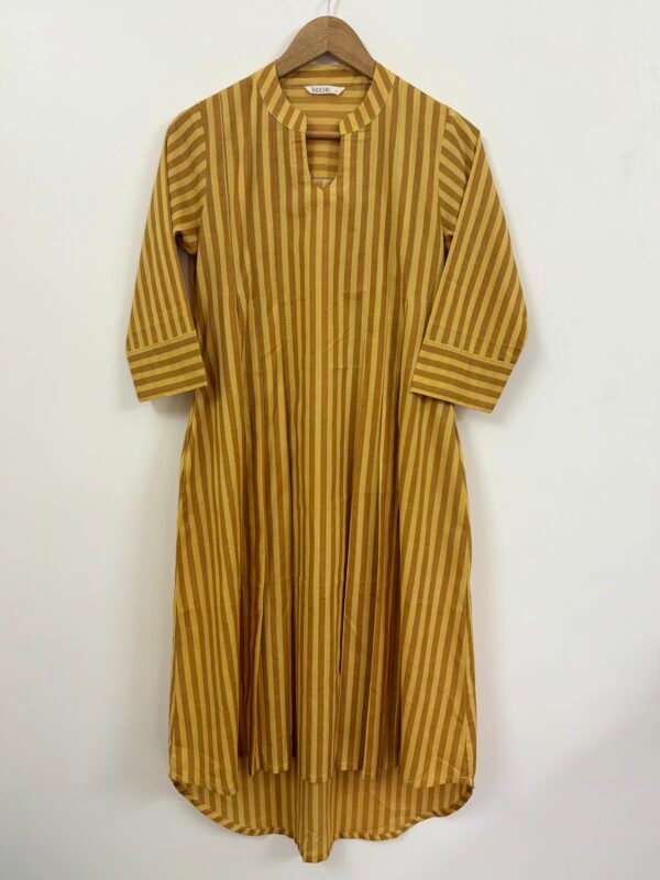 Yellow - Brown Striped Handblock Printed Dress