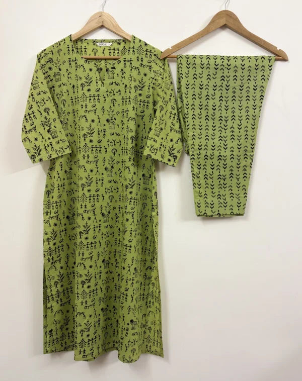 Green Handblock Print Stick Figure Co-ord Set