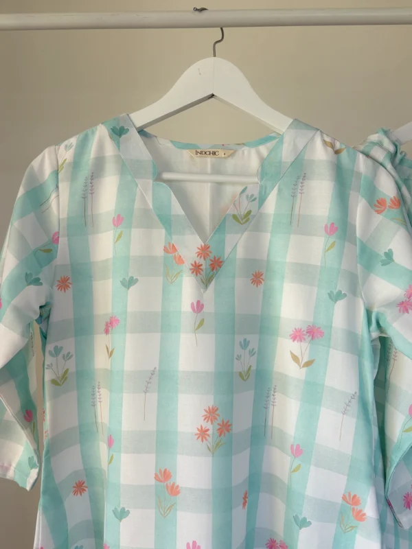 Pastel Green Floral Checks Kurta Set