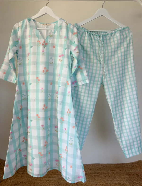 Pastel Green Floral Checks Kurta Set