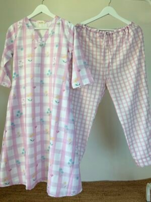 Pastel Pink Floral Checks Kurta Set