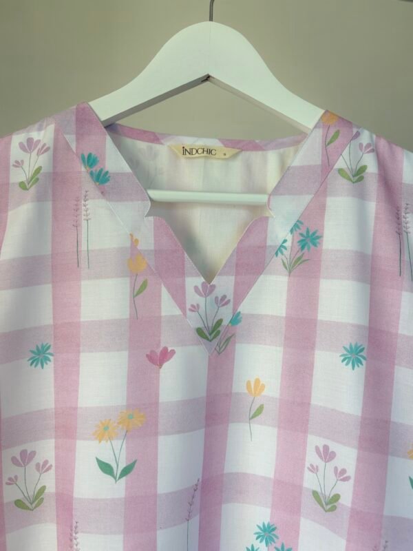 Pastel Pink Floral Checks Kurta Set
