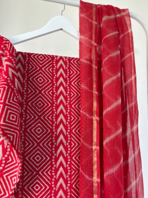 Red Handblock Printed Set - Kota doriya dupatta