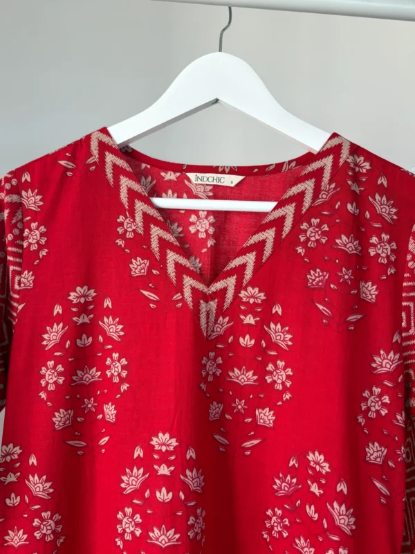 Red Handblock Printed Set - Kota doriya dupatta