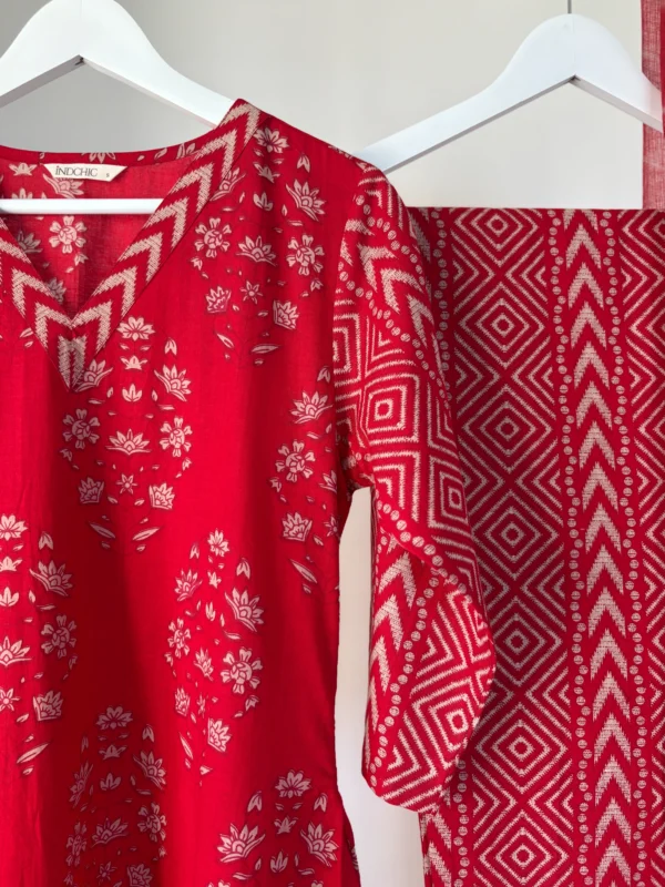 Red Handblock Printed Set - Kota doriya dupatta