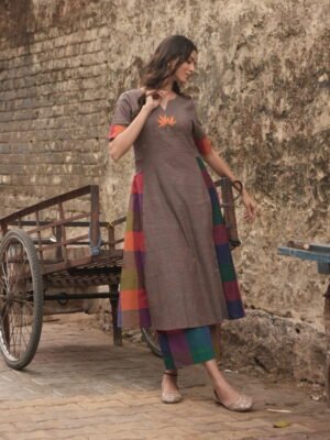 Grey - Violet Madras Checks Kurta Set