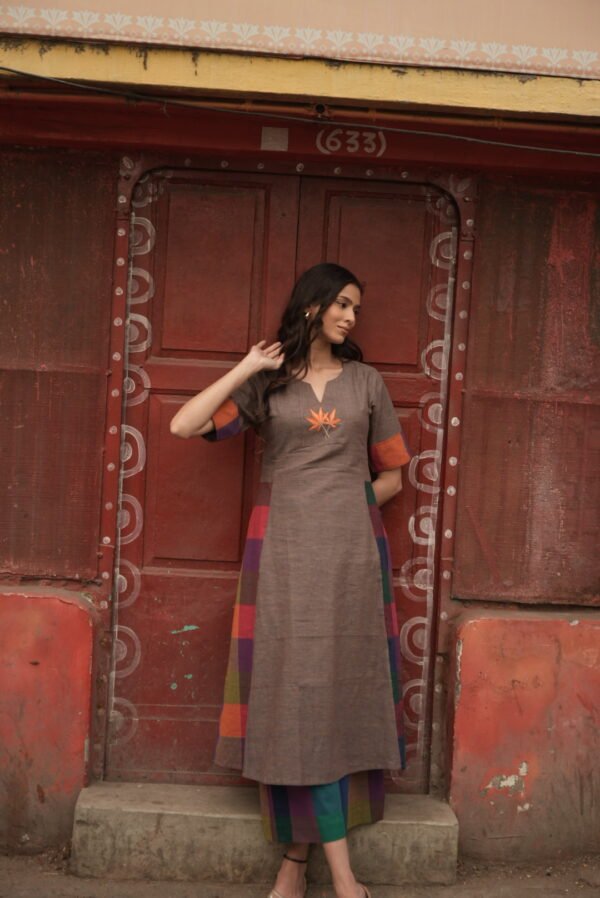 Grey - Violet Madras Checks Kurta Set