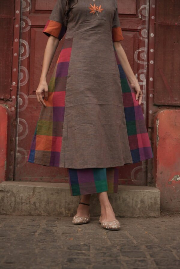 Grey - Violet Madras Checks Kurta Set