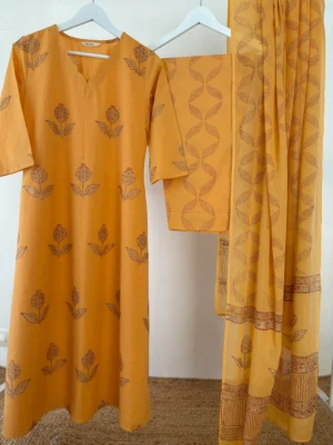 Mango Orange Handblock printed Suit Set