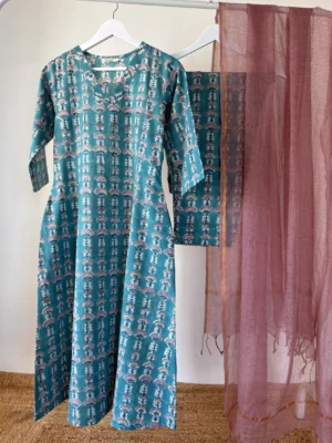 Blue hand-block printed set with Kota dupatta