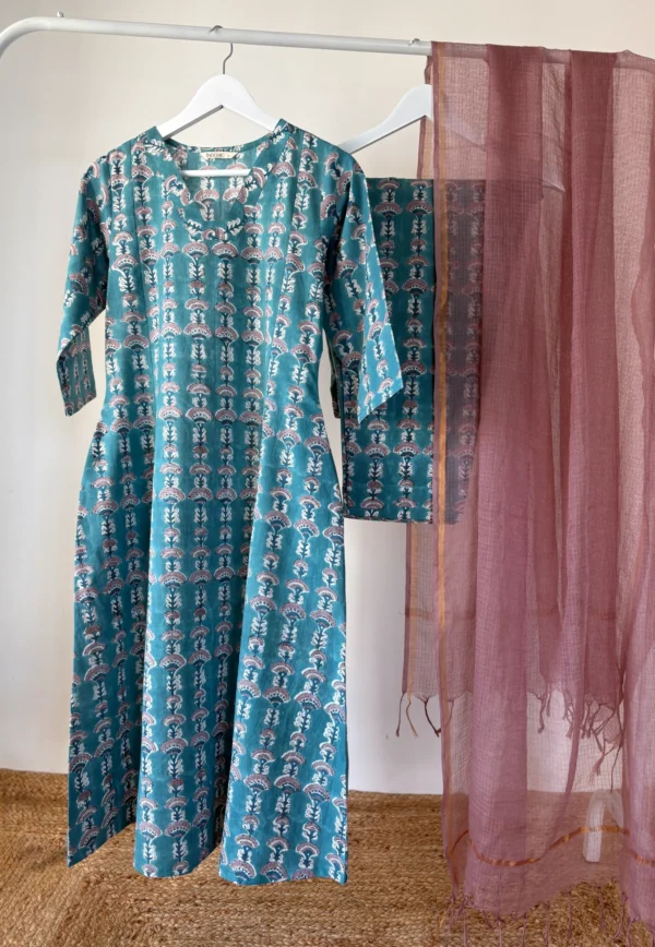 Blue hand-block printed set with Kota dupatta