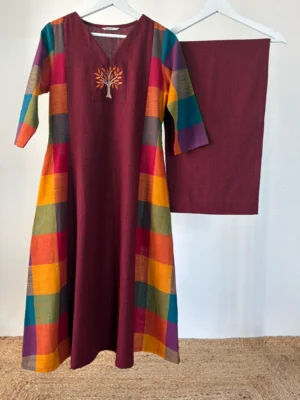 Deep Maroon Madras Checked Kurta Set