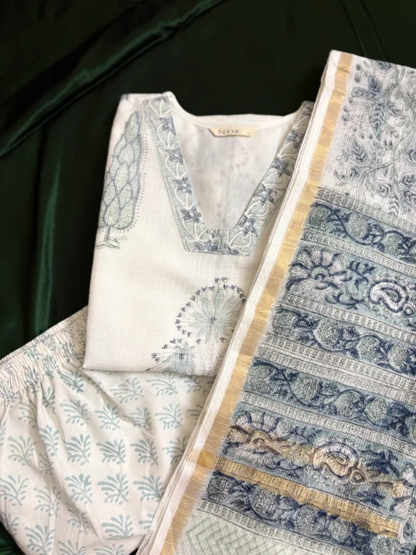 White handblock printed Kota Set