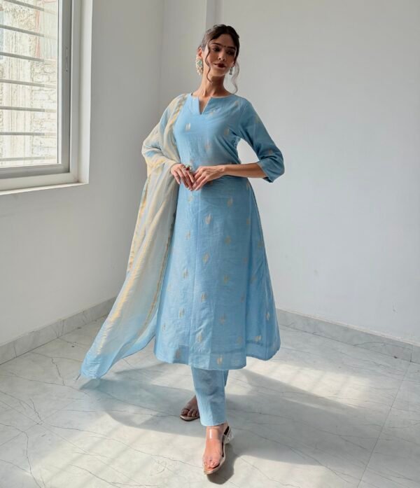 Powder Blue Mul Chanderi Set