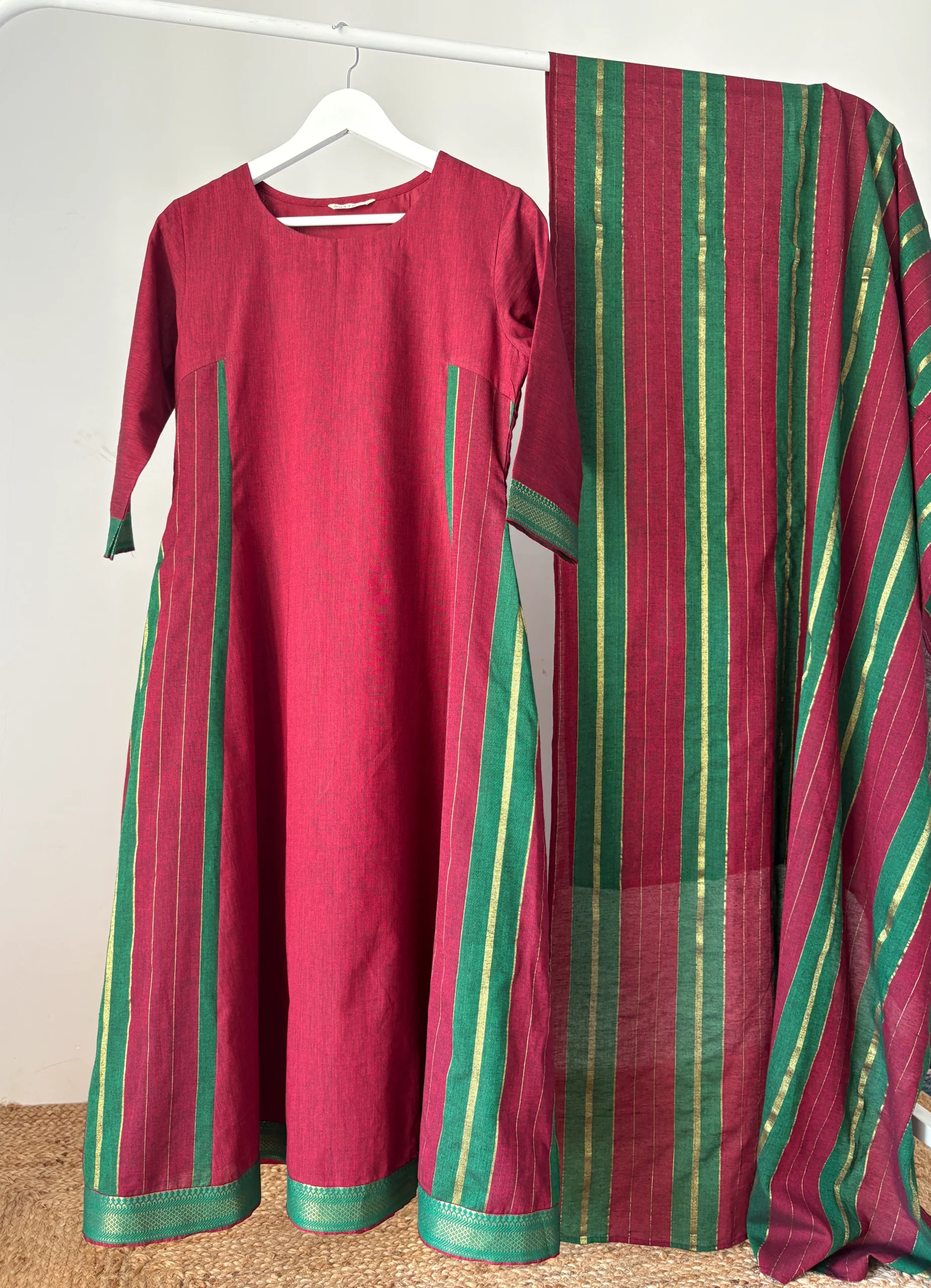 Maroon Mangalagiri Cotton with Madras Stripes