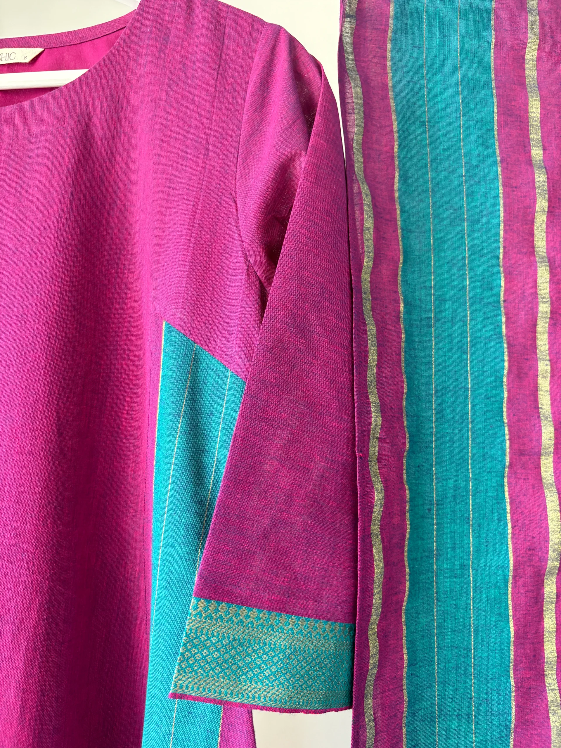 Fuchsia Mangalagiri Cotton with Madras Stripes