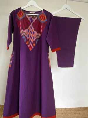 Plum-Violet Ikkat patch Kurta Set