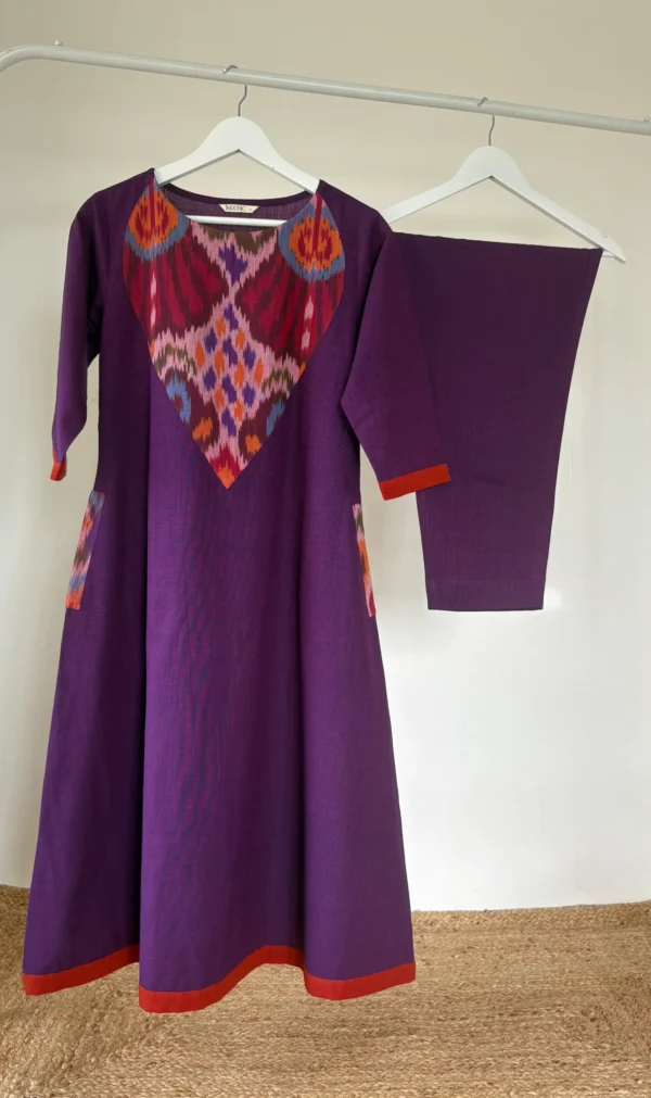 Plum-Violet Ikkat patch Kurta Set