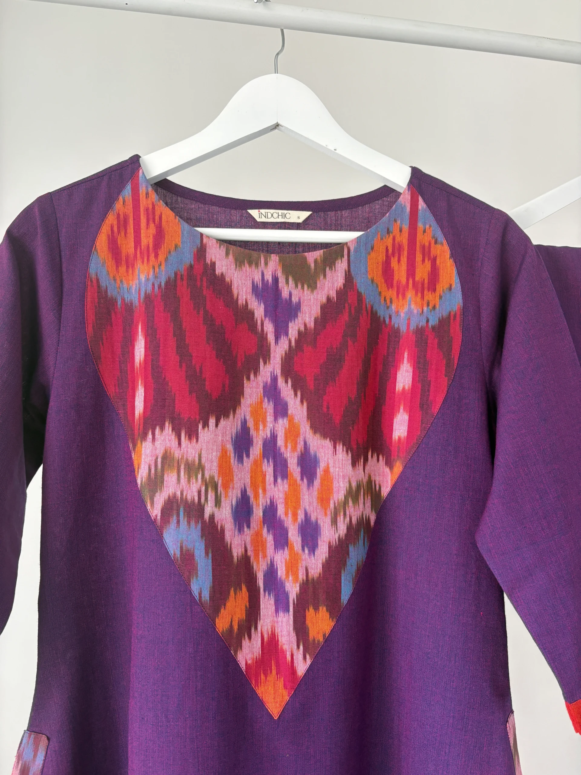 Plum-Violet Ikkat patch Kurta Set