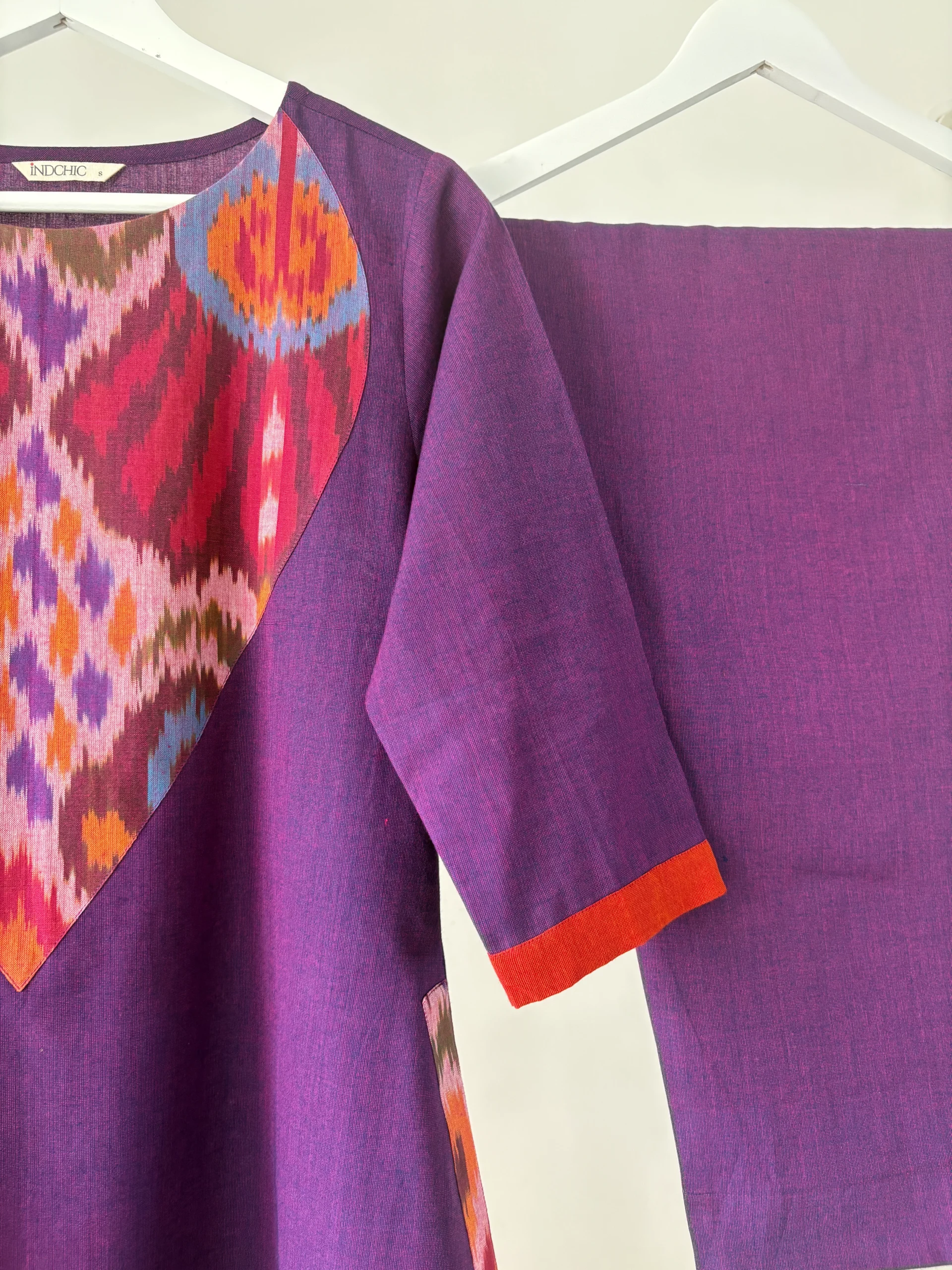Plum-Violet Ikkat patch Kurta Set