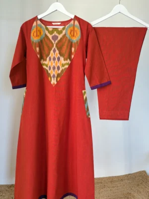 Terracotta Orange Ikkat patch Kurta Set