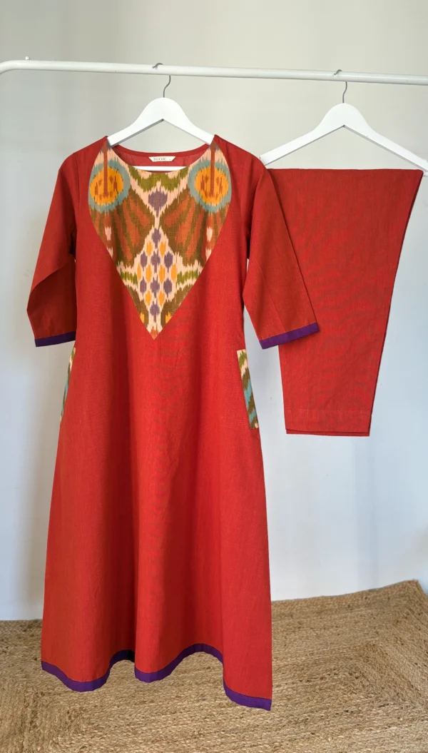 Terracotta Orange Ikkat patch Kurta Set