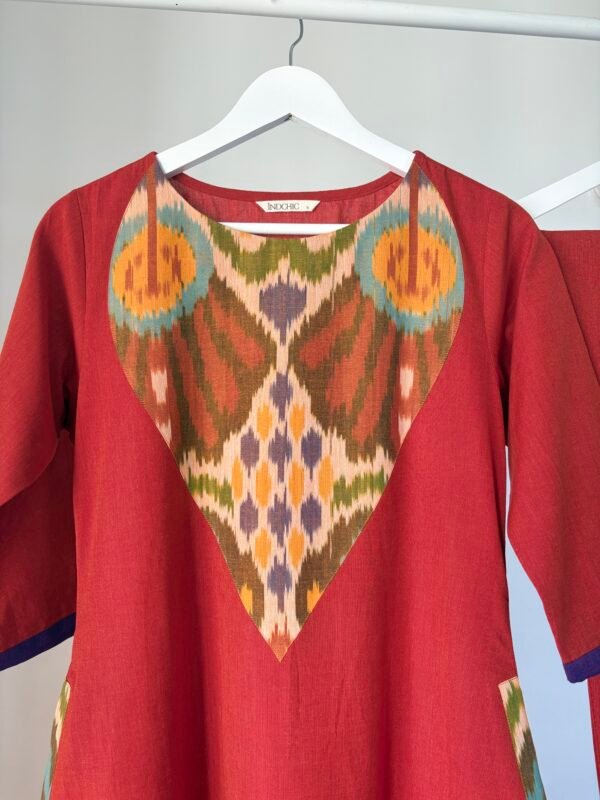 Terracotta Orange Ikkat patch Kurta Set