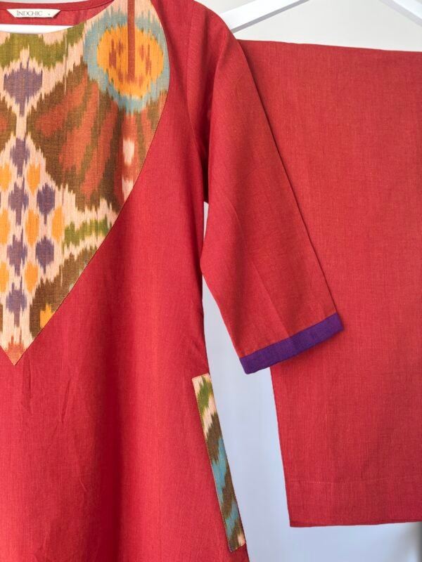 Terracotta Orange Ikkat patch Kurta Set