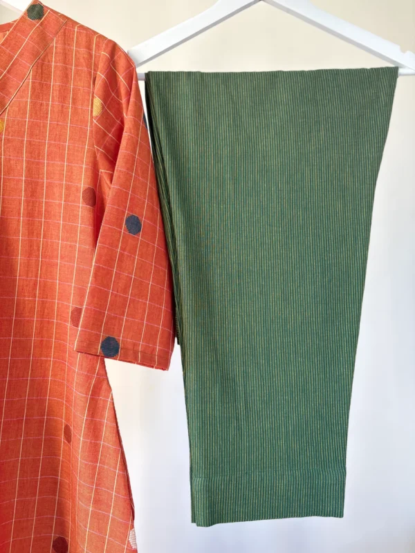 Honey-Orange with Deep Green Jamdani inspired woven Kurta Set