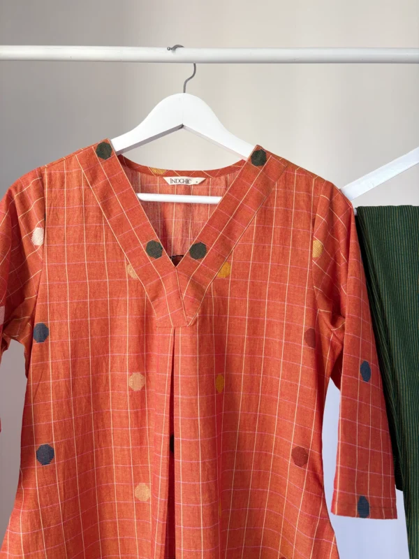 Honey-Orange with Deep Green Jamdani inspired woven Kurta Set