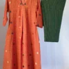 Honey-Orange with Deep Green Jamdani inspired woven Kurta Set