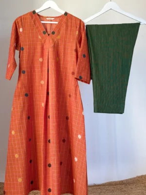 Honey-Orange with Deep Green Jamdani inspired woven Kurta Set
