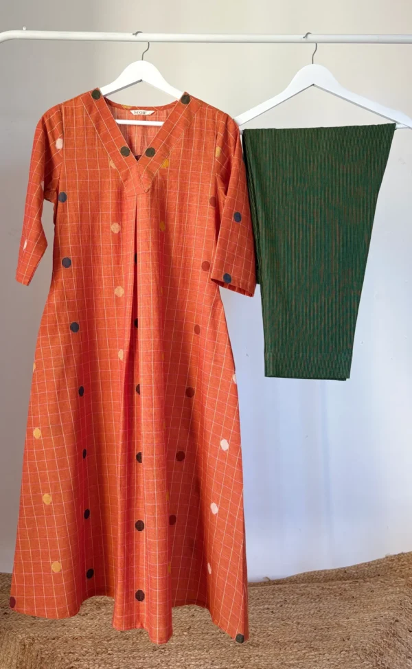 Honey-Orange with Deep Green Jamdani inspired woven Kurta Set